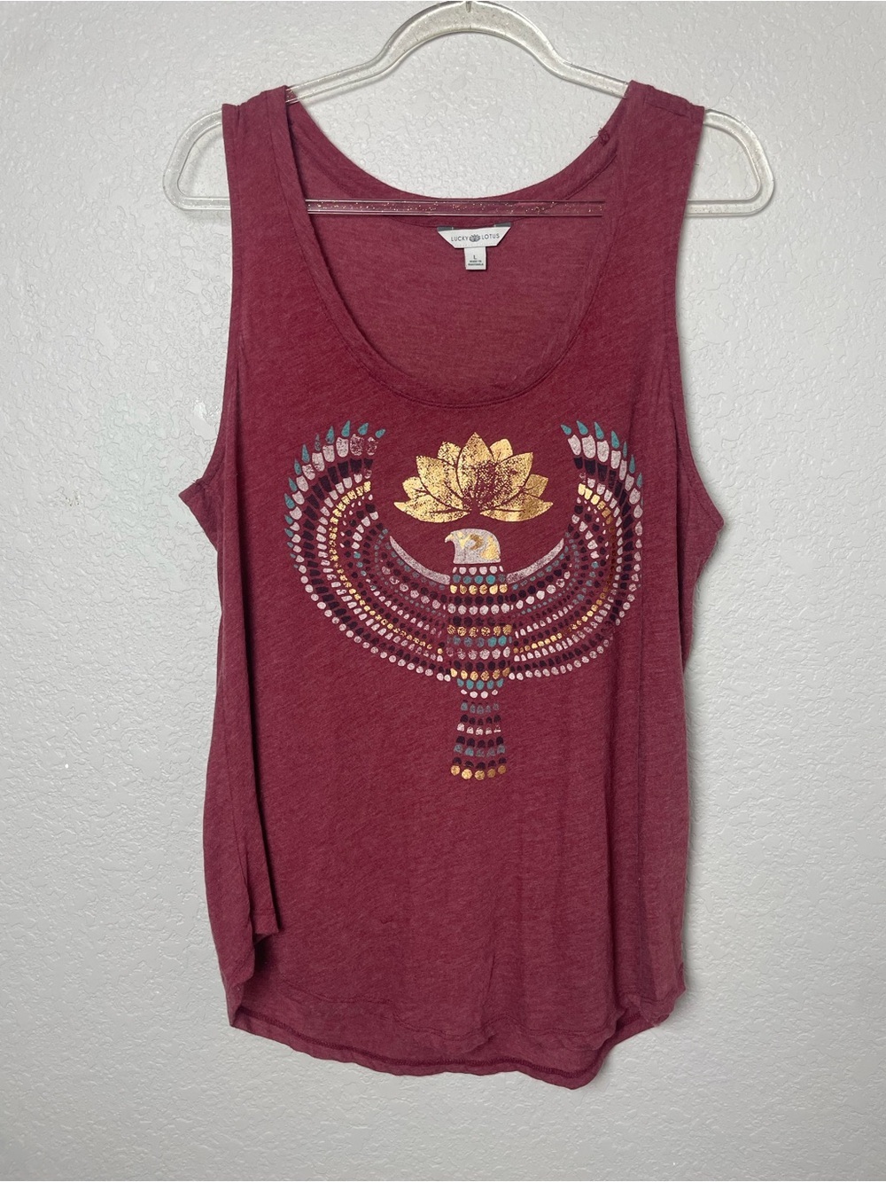 Lucky Lotus Brand Maroon Tank Top with Gold Metallic Eagle Graphic Size L